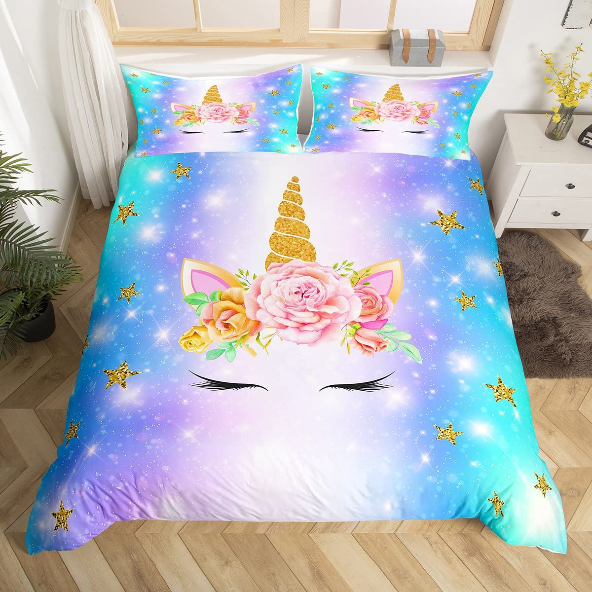 Набір підодіяльників Unicorn Cartoon Galaxy Rainbow Colorful Unicorn Cute Romantic Theme For Kids Girls Поліестерова ковдра EU single(135x200cm)
Набір підодіяльників Unicorn Cartoon Galaxy Rainbow Colorful Unicorn Cute Romantic Theme For Kids Girls Поліестерова ковдра EU single(135x200cm)