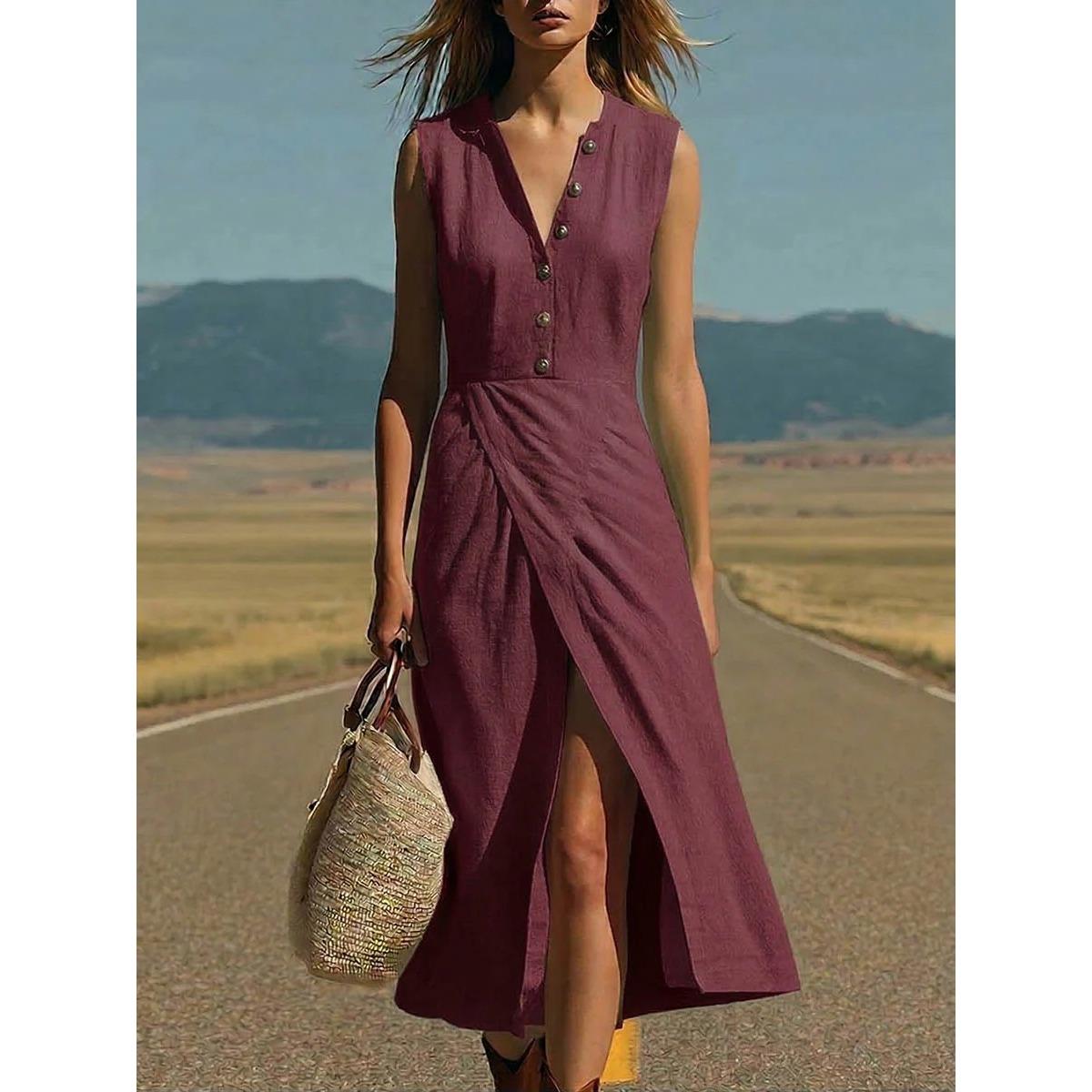 Spring Summer Women s Solid Color V-neck Button Split Simple Midi Dress Casual Commute Long Dress XXL бордовий
Spring Summer Women s Solid Color V-neck Button Split Simple Midi Dress Casual Commute Long Dress XXL бордовий