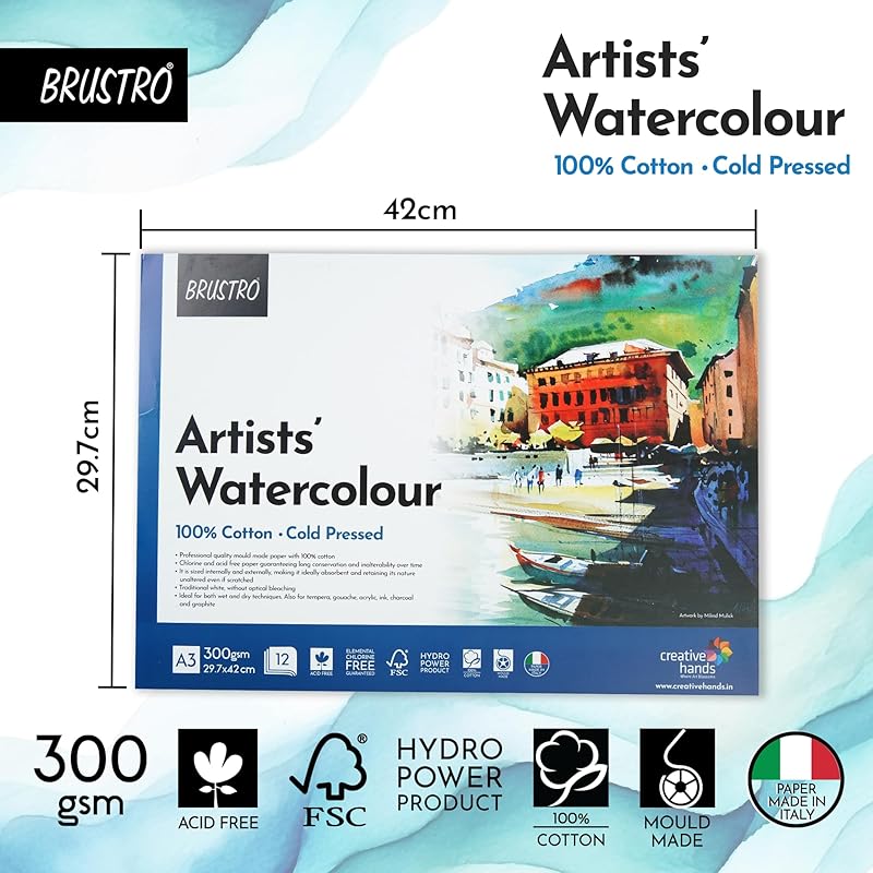Brustro Artists Watercolour Paper Pad |100% Cotton, Cold Pressed, 300Gsm, A3| 12 Sheets, Ideal For Professional Drawing, 3 білий
Brustro Artists Watercolour Paper Pad |100% Cotton, Cold Pressed, 300Gsm, A3| 12 Sheets, Ideal For Professional Drawing, 3 білий