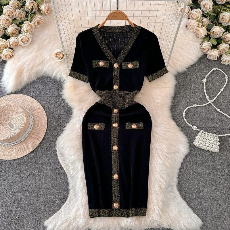 Classic Style 24 Summer Sexy Slimming Sheath Waist-Tight Silm V Neck Short-Sleeved Knitted Dress Mid Length Long Length Dress Women Black All yards
Classic Style 24 Summer Sexy Slimming Sheath Waist-Tight Silm V Neck Short-Sleeved Knitted Dress Mid Length Long Length Dress Women Black All yards