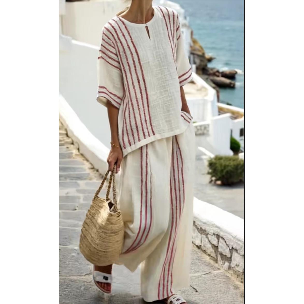Fashion Cotton Linen Stripe Outfit Spring Women Short Sleeved Pullover Top+High Waist Loose Wide Leg Pants Summer Two Piece Set L червоний
Fashion Cotton Linen Stripe Outfit Spring Women Short Sleeved Pullover Top+High Waist Loose Wide Leg Pants Summer Two Piece Set L червоний