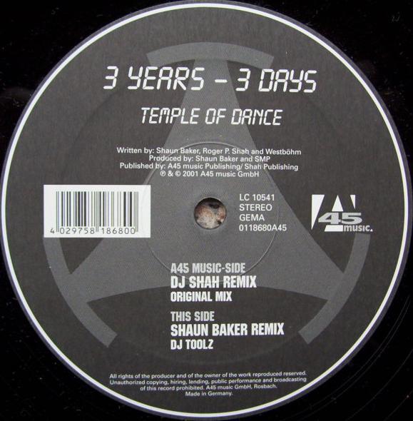 12inch Record 3 YEARS - 3 DAYS - Temple Of Dance 0118680A45 A45 Music 2001 Germany Dance & Electronica Used
12inch Record 3 YEARS - 3 DAYS - Temple Of Dance 0118680A45 A45 Music 2001 Germany Dance & Electronica Used