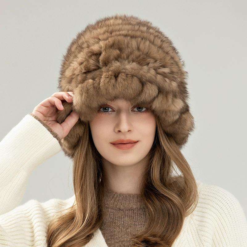 Женская шапка из имитации соболиного кролика, новая зимняя теплая вязаная меховая шапка с защитой ушей, подчеркивающая лицо, маленькая шляпа-ведро, тренд Elastic светло-коричневого