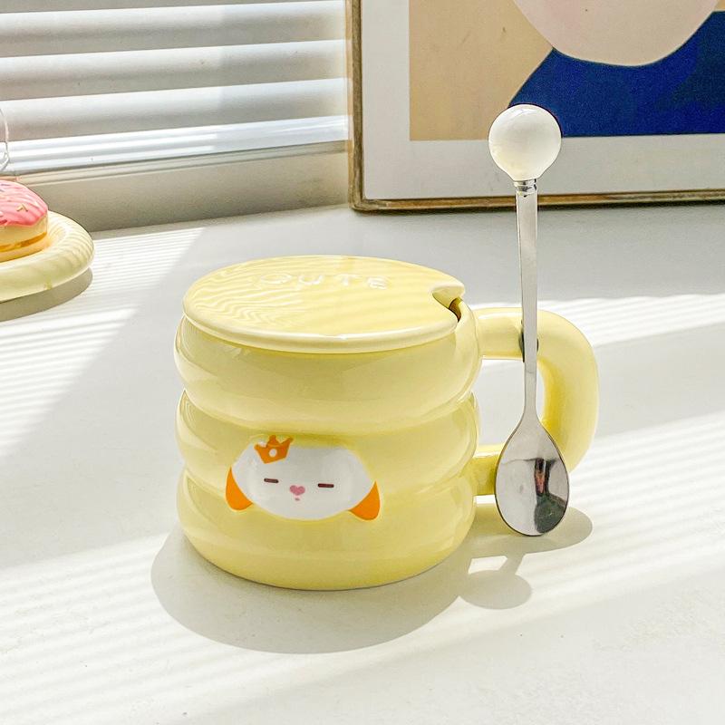 Милая мультяшная кружка с кроликом с крышкой и ложкой для девочек, домашняя керамическая чашка для пары, чашка для кофе, молока, офисная 401-500ml