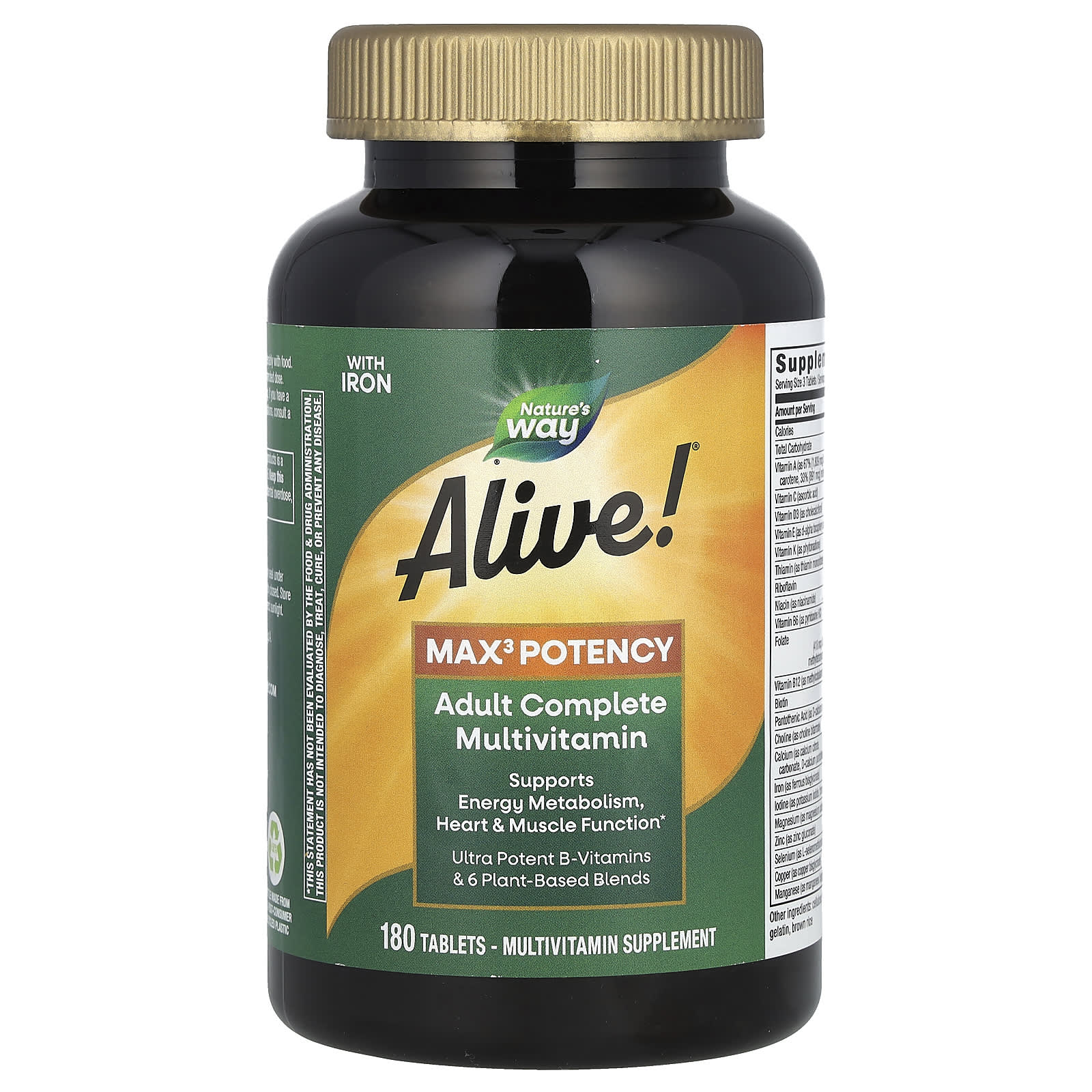 Nature S Way, Alive! Max3 Potency, Complete Multivitamin for Adults with Iron, 180 Tablets
Nature S Way, Alive! Max3 Potency, Complete Multivitamin for Adults with Iron, 180 Tablets