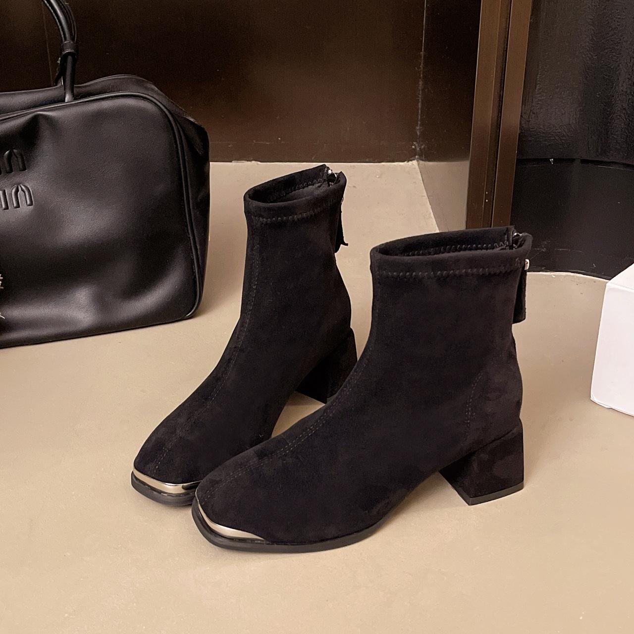 Модные французские ретро эластичные ботильоны из замши на толстом каблуке, темпераментная женская обувь, замшевая молния сзади, квадратный носок, короткие боты, женские 35