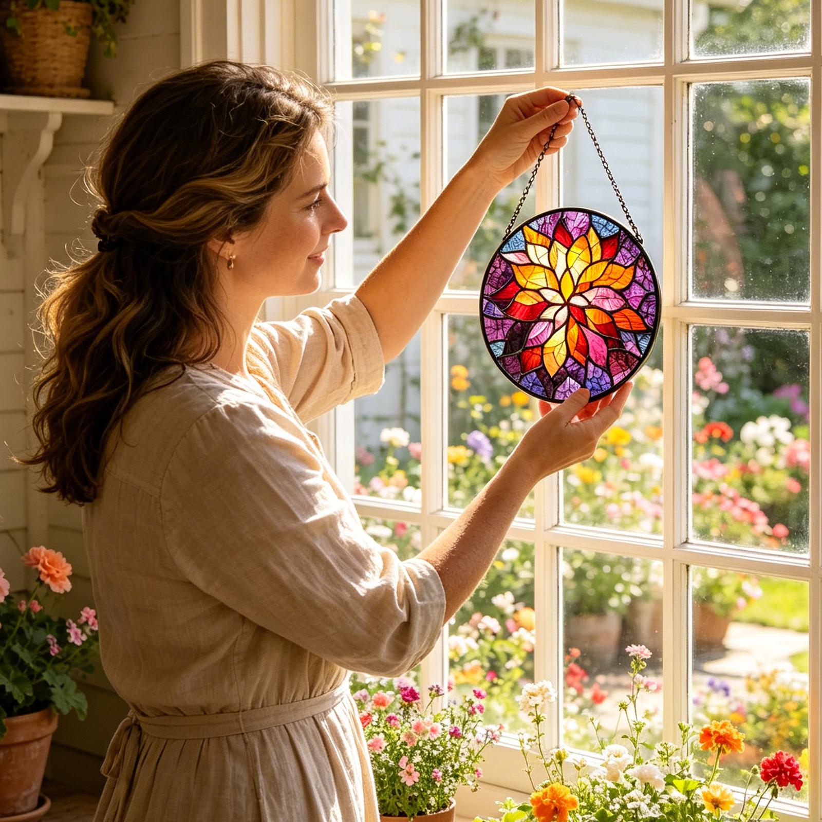 Round Stained Glass Window Hanging Decorative Panel with Floral Pattern and Metal Frame for Home Indoor Outdoor Use One Size
Round Stained Glass Window Hanging Decorative Panel with Floral Pattern and Metal Frame for Home Indoor Outdoor Use One Size