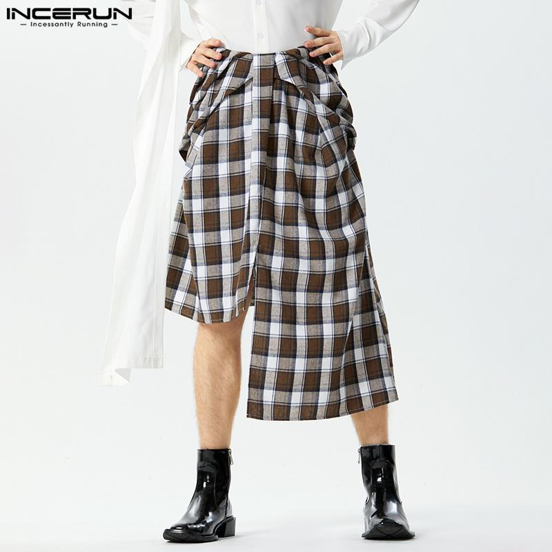 INCERUN мужские и женские клетчатые плиссированные юбки с нерегулярным подолом на молнии
