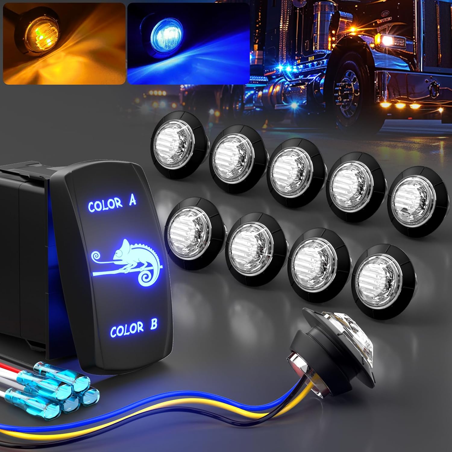 10pcs 3/4 Inch Dual-Color LED Marker Lights with 7-Pin Rocker Switch, White-Amber Round Front Rear Side Marker Indicators Flush Mount Lights for Clear Amber-Blue
10pcs 3/4 Inch Dual-Color LED Marker Lights with 7-Pin Rocker Switch, White-Amber Round Front Rear Side Marker Indicators Flush Mount Lights for Clear Amber-Blue