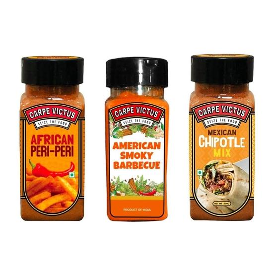 Carpe Victus Popcorn Seasonings Combo, Peri Peri, Chipotle Powder Masala and Smoky Barbeque, Multipurpose Seasoning Masalas (Pack of 3, 100 gms each)
Carpe Victus Popcorn Seasonings Combo, Peri Peri, Chipotle Powder Masala and Smoky Barbeque, Multipurpose Seasoning Masalas (Pack of 3, 100 gms each)