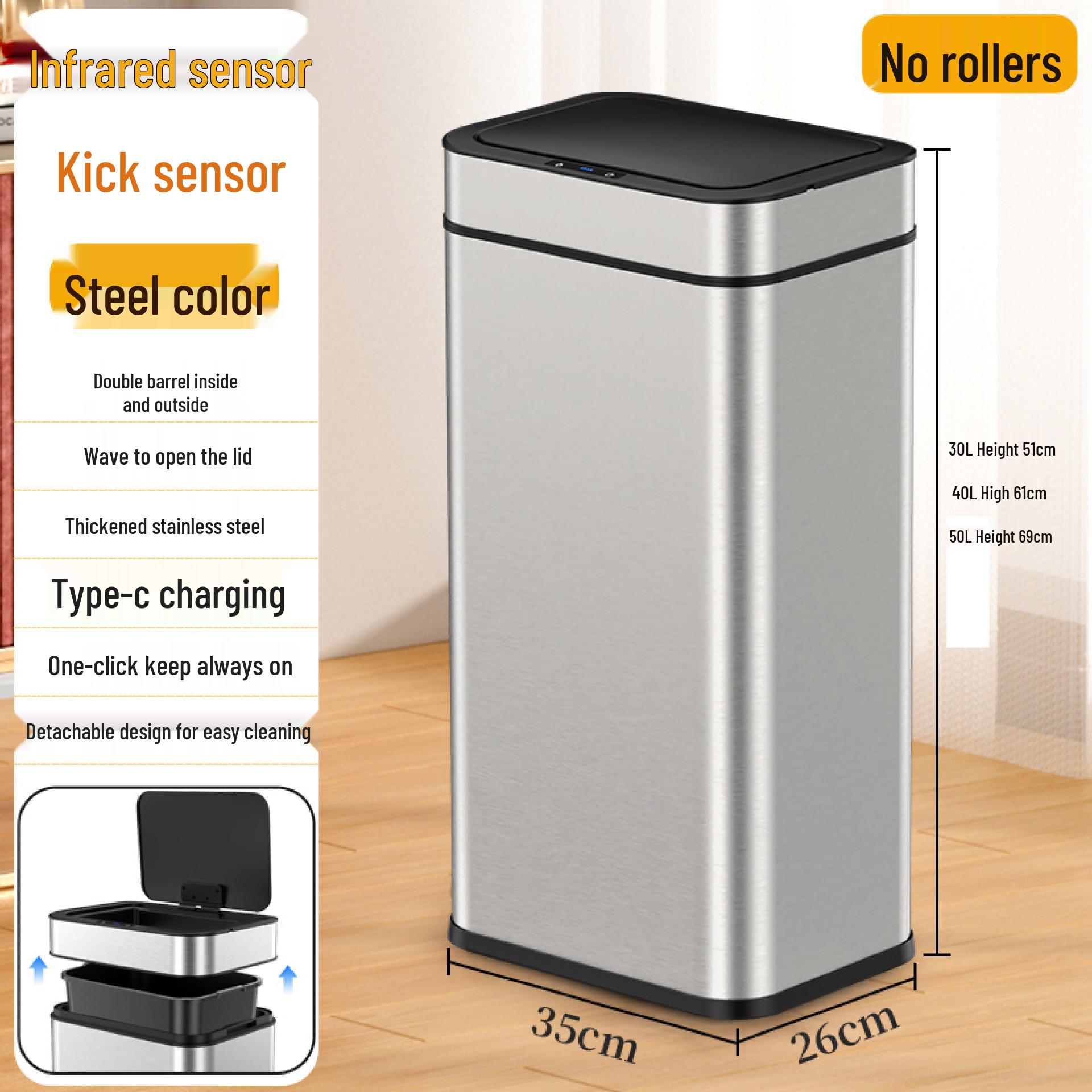 Rechargeable Smart Sensor Stainless Steel Trash Can with Wheels, Available in 30L, 40L, 50L Capacities for Kitchen Use. 30L, 35*26*51 cm
Rechargeable Smart Sensor Stainless Steel Trash Can with Wheels, Available in 30L, 40L, 50L Capacities for Kitchen Use. 30L, 35*26*51 cm