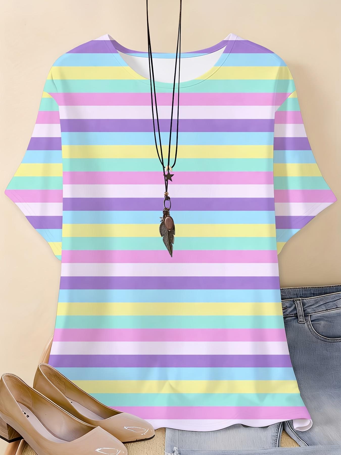 Women s casual round neck short-sleeved top with rainbow stripe design, perfect for daily wear in summer XXS
Women s casual round neck short-sleeved top with rainbow stripe design, perfect for daily wear in summer XXS