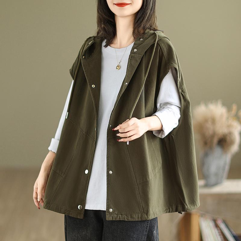 DIMANAF 2024 Осень Плюс Размер Жилет Большой Размер Осень Женщины Однотонный С Капюшоном Модный Базовый Повседневный Стиль Куртка Свободные Топы M чёрный