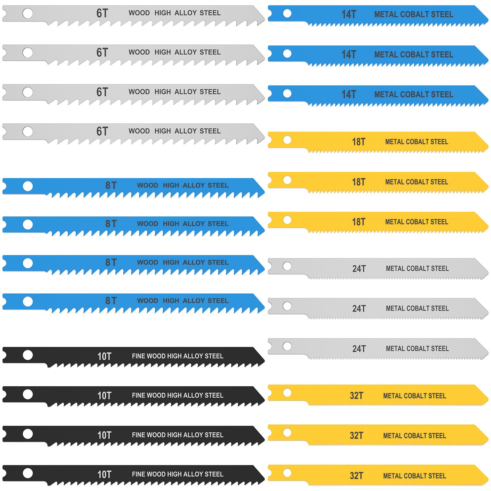 24Pcs Jig Saw Blade Set High Carbon Steel Assorted Saw Blades with U-shank Sharp Fast Cut Down Jigsaw Blade Woodworking Tool
24Pcs Jig Saw Blade Set High Carbon Steel Assorted Saw Blades with U-shank Sharp Fast Cut Down Jigsaw Blade Woodworking Tool