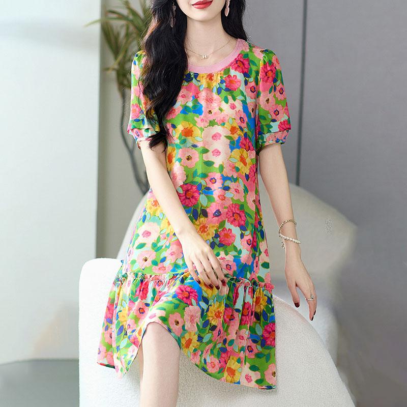 Платье Женское Летнее Большого Размера Свободное Цветочное Юбка Повседневное Круглый Вырез Мягкое С Завышенной Талией Пляжные Платья XXXXL