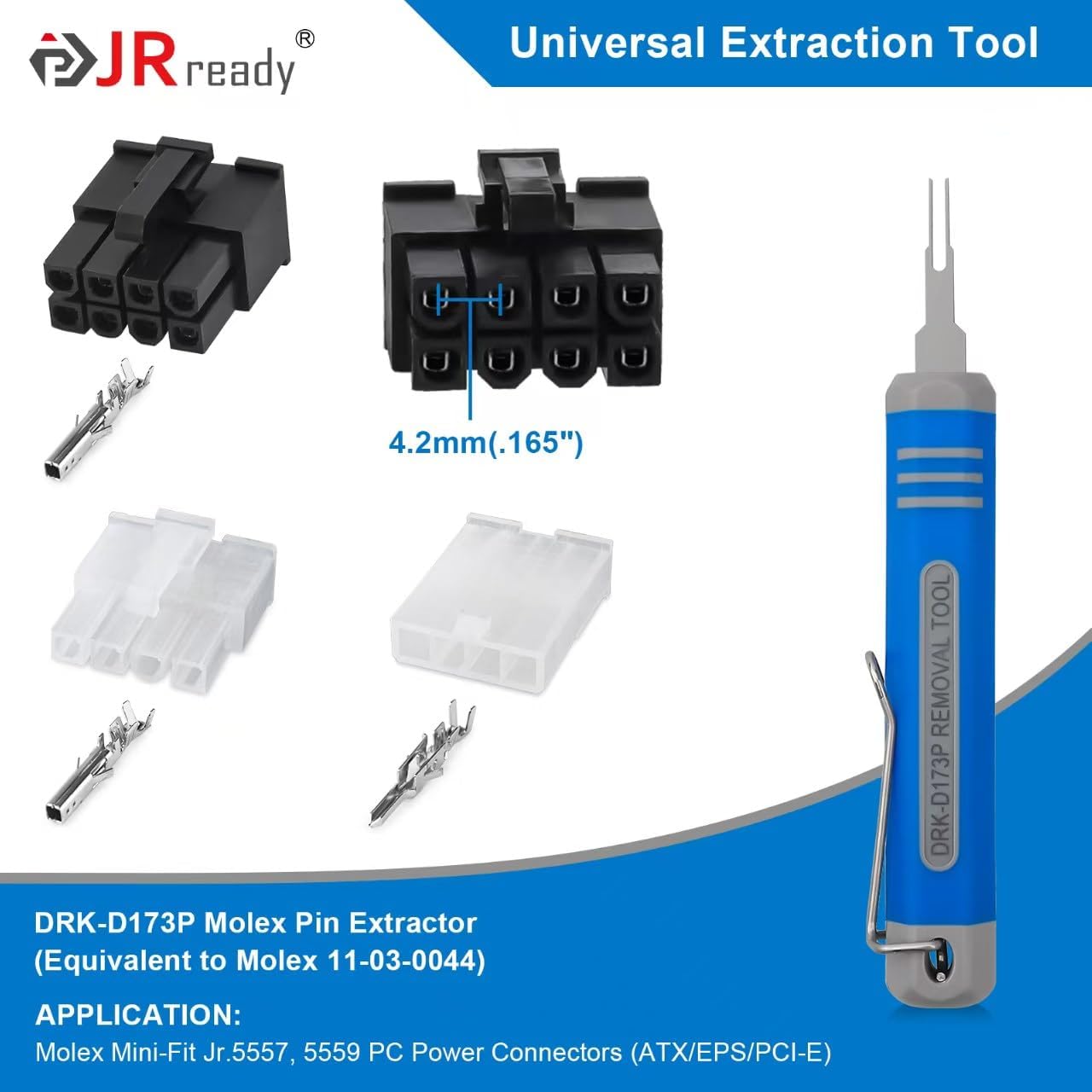 JRready DRK-D173P Molex 11-03-0044 Mini-Fit Jr. Инструмент для извлечения пинов Molex Инструмент для извлечения пинов Molex для разъемов ATX EPS PCI-E Терминал
JRready DRK-D173P Molex 11-03-0044 Mini-Fit Jr. Инструмент для извлечения пинов Molex Инструмент для извлечения пинов Molex для разъемов ATX EPS PCI-E Терминал
