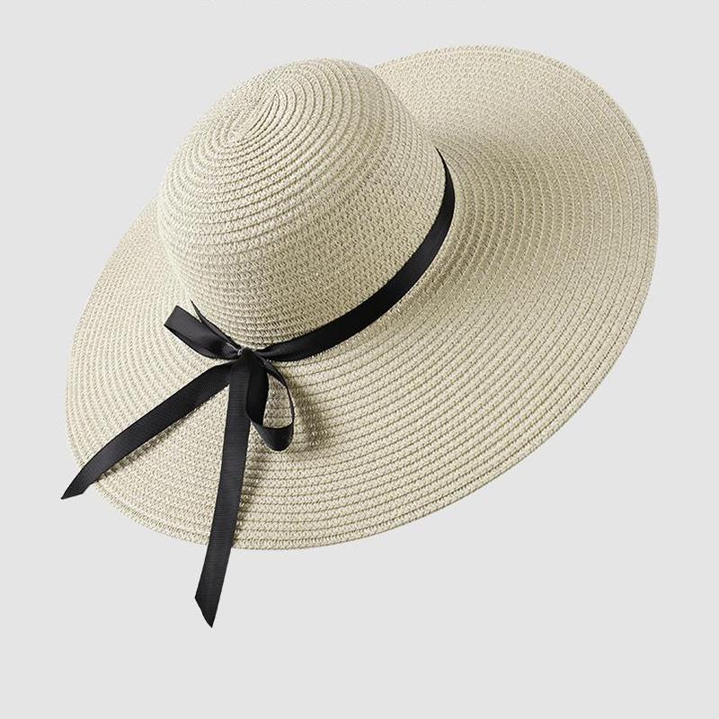 Универсальная шляпа Соломенная плетеная 2 цвета Сладкий бант Шляпы с большими полями Рыбацкая Beige