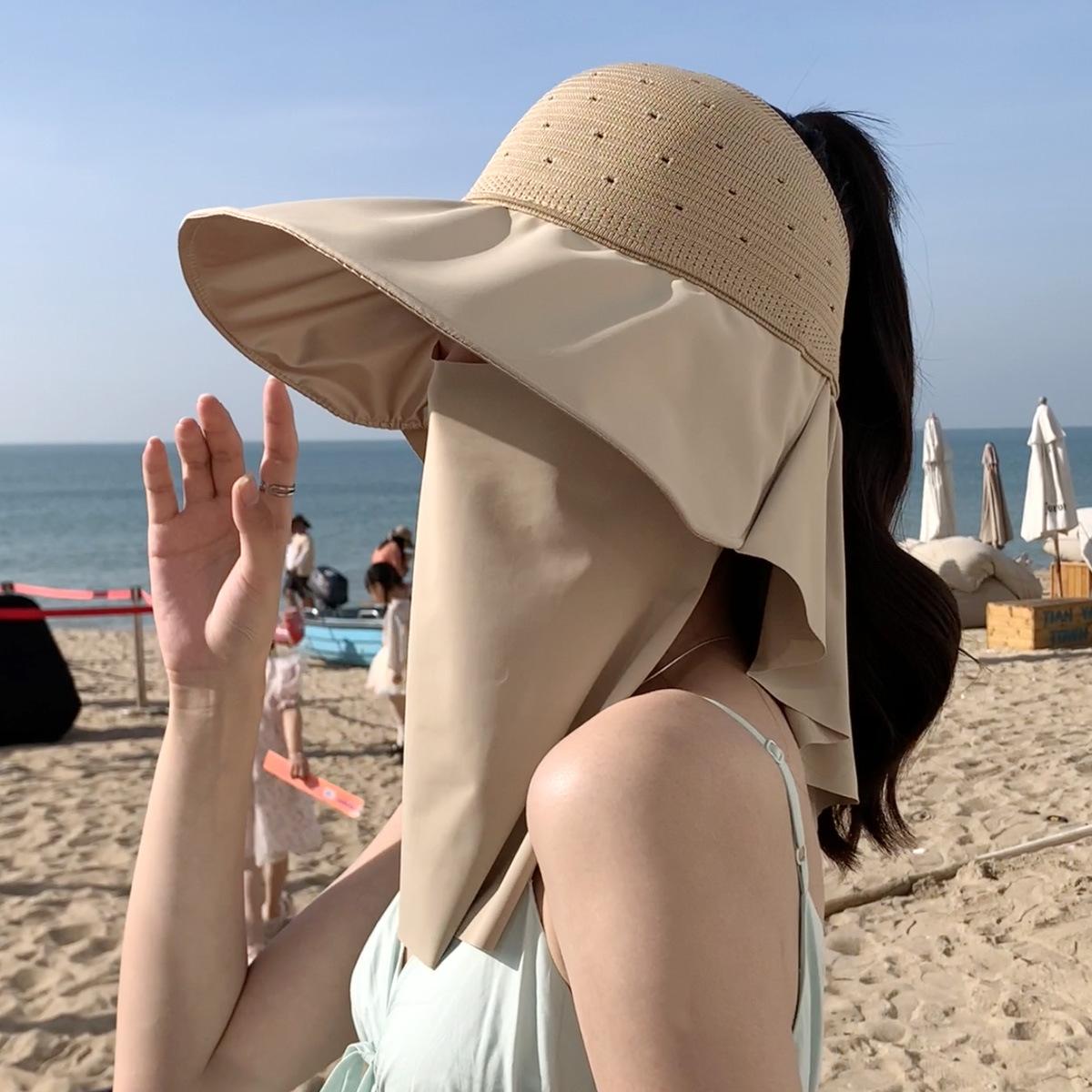 Солнцезащитная шляпа детская с большими полями, солнцезащитная шляпа-панама с открытым верхом, для улицы, со съемной маской для лица, защита от УФ-лучей M(56-58cm)