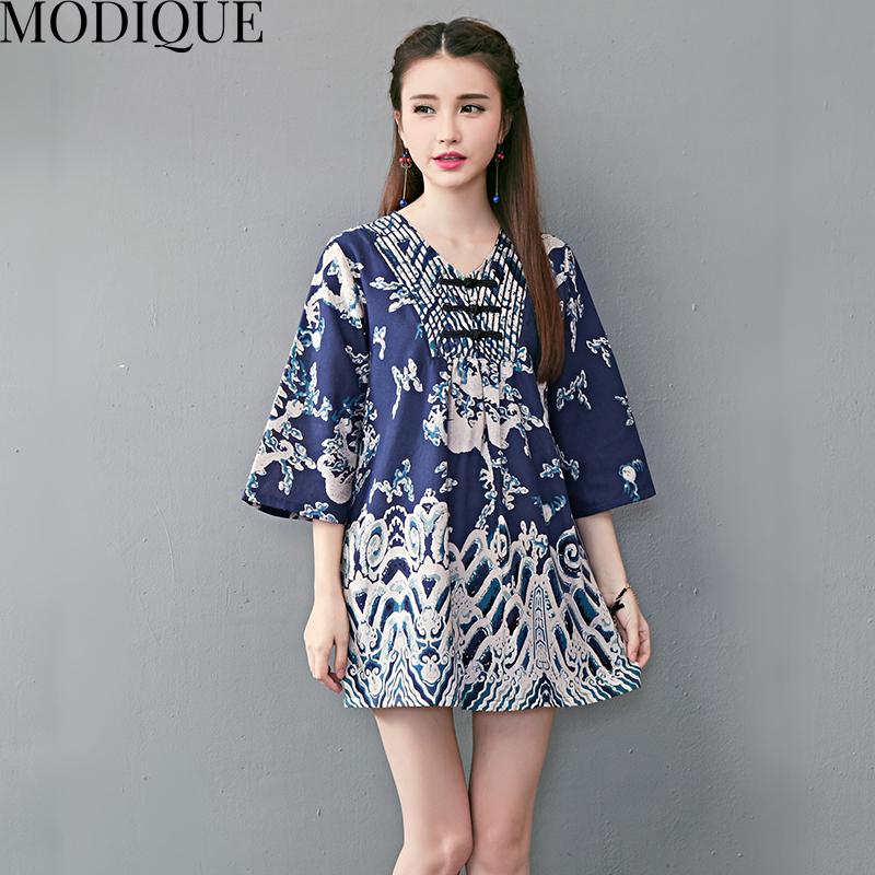 MODIQUE Женская футболка Весна Винтаж Народная Лето Плюс Размер Свободная Повседневная Элегантная Хлопок Льняная Расписная Блузка Рубашки Женские Базовые О-Образным Вырезом Синий Красный 3XL