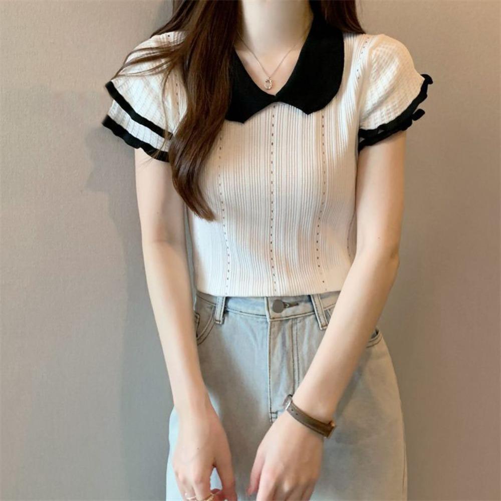 Ruffled Edge Doll Collar Knitted Vest Hollow Short Sleeve T-shirt Knitted Slim Crop Tops Seaside
Ruffled Edge Doll Collar Knitted Vest Hollow Short Sleeve T-shirt Knitted Slim Crop Tops Seaside