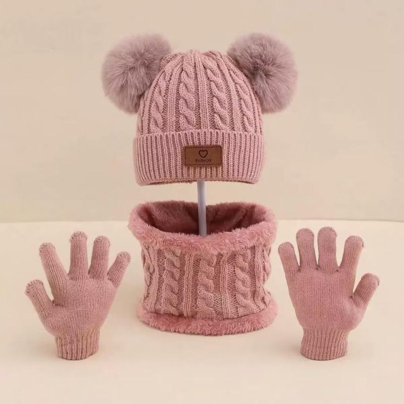 3 шт./компл., детская зимняя теплая двойная вязаная шапка, шарф, перчатки для мальчиков и девочек, теплый и холодостойкий костюм 51-56cm розовый