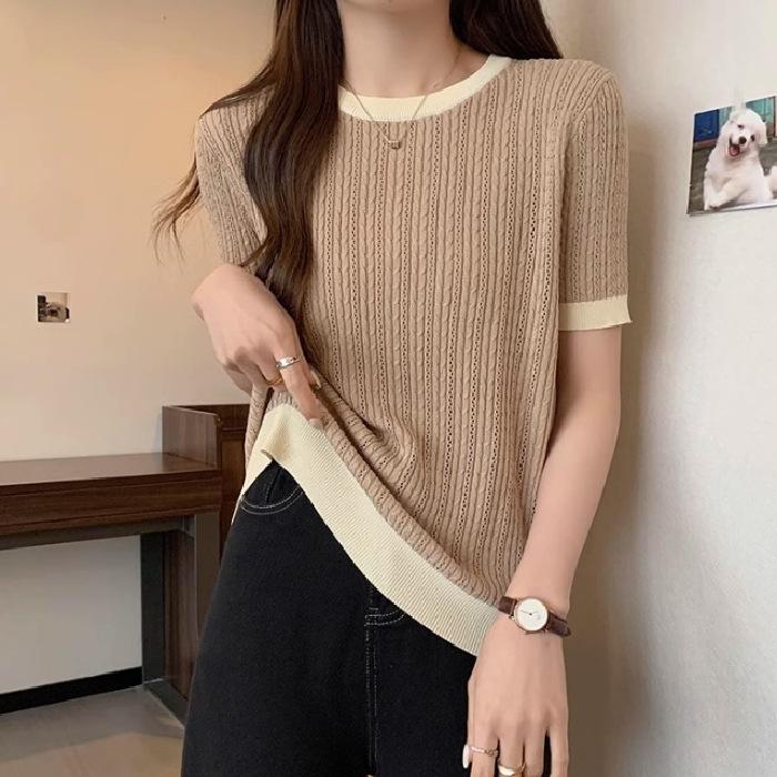 Knitwear Women Summer Round Neck Contrast Color Short Sleeve Slim Fit Slimming Versatile One Size
Knitwear Women Summer Round Neck Contrast Color Short Sleeve Slim Fit Slimming Versatile One Size