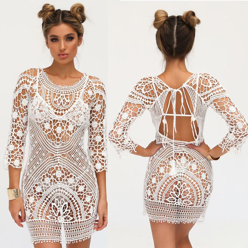 Moda Mujeres Verano Vestido De Playa Encaje Crochet Bikini Cubierta