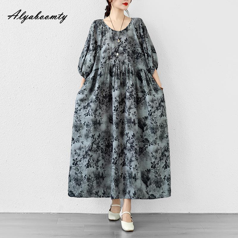Korean Style Summer Women Oversized Midi Gown O Neck Black-Gray Vintage Print Loose Dress Lantern Sleeve Cotton Vintage Dress One Size
Korean Style Summer Women Oversized Midi Gown O Neck Black-Gray Vintage Print Loose Dress Lantern Sleeve Cotton Vintage Dress One Size
