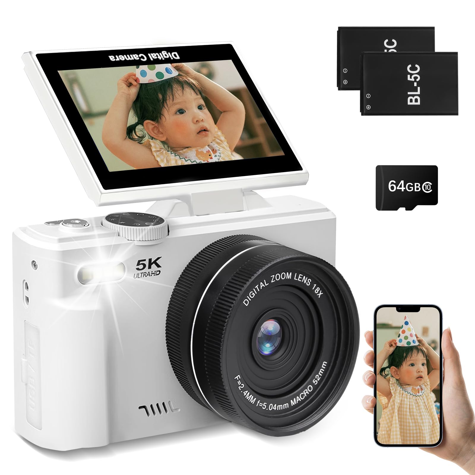 5K Digital 5K AF 18x Digital Continuous School Vlog YouTube Pause 64GB Micro SD Card Two Japanese Instruction White Camera, 75MP, Recording, Wi-Fi,
5K Digital 5K AF 18x Digital Continuous School Vlog YouTube Pause 64GB Micro SD Card Two Japanese Instruction White Camera, 75MP, Recording, Wi-Fi,