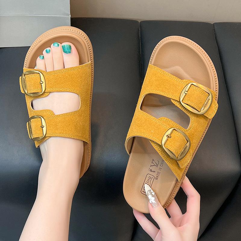 Матовые повседневные сандалии женские 2025 лето новая коллекция ретро пробковая подошва толстая подошва ремешок с пряжкой не устают ноги шлепанцы 35 лимонно-желтый