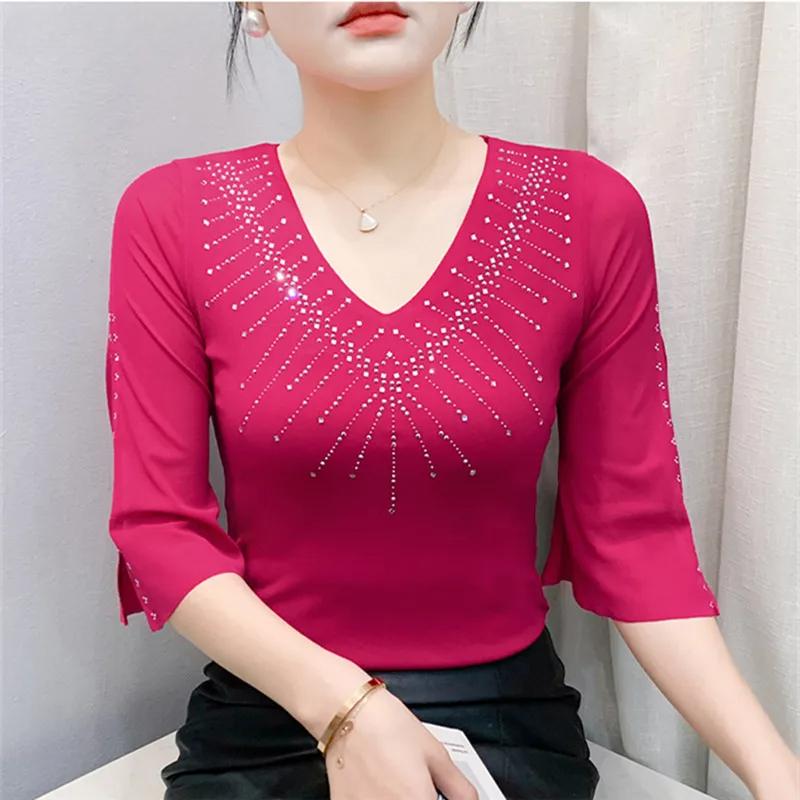 Summer Half Sleeved Women s T-Shirt Sexy V-neck Shiny Hot Diamonds Tops Elegant Girl Slim Mesh Tees M
Summer Half Sleeved Women s T-Shirt Sexy V-neck Shiny Hot Diamonds Tops Elegant Girl Slim Mesh Tees M