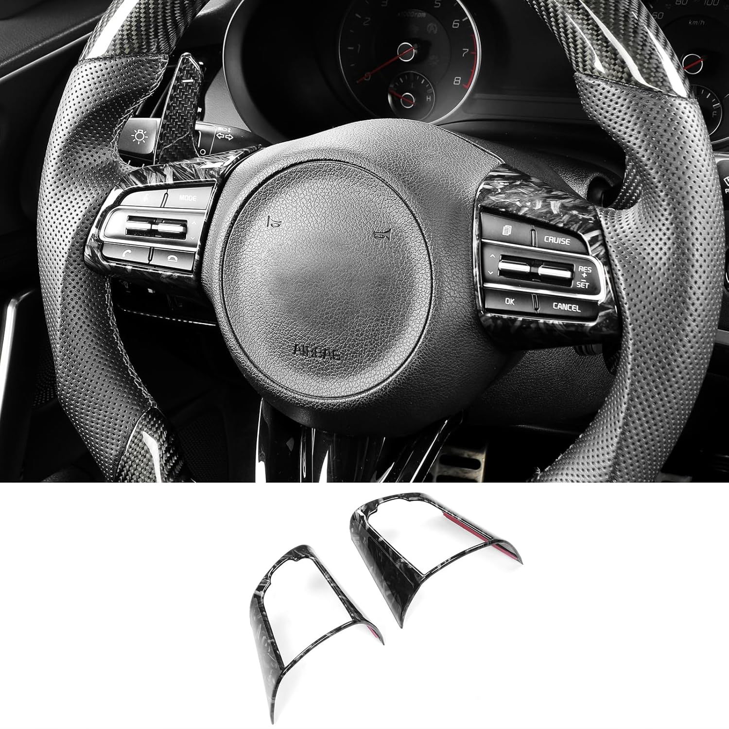 Carbon Fiber Car Steering Wheel Button Panel Frame Cover Decor Sticker Compatible with Kia Stinger 2017-2024 Accessories Forged Black Style
Carbon Fiber Car Steering Wheel Button Panel Frame Cover Decor Sticker Compatible with Kia Stinger 2017-2024 Accessories Forged Black Style