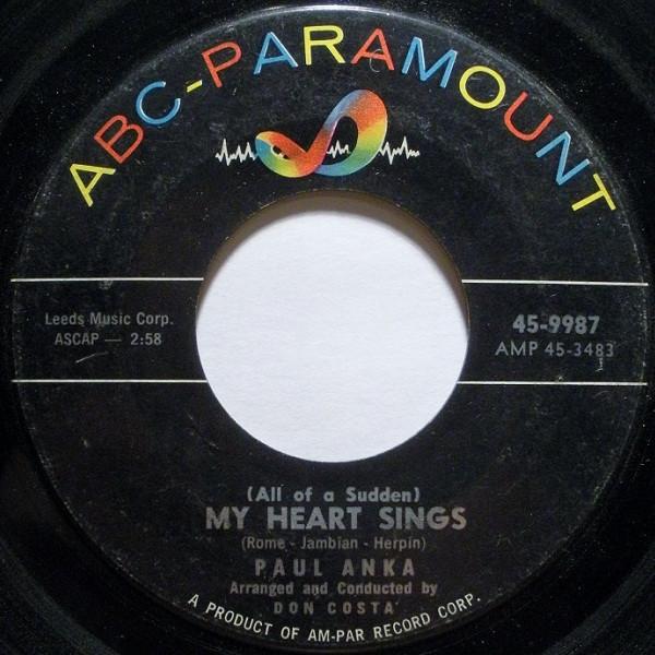 7inch Record PAUL ANKA All Of A Sudden My Heart Sings 459987 ABCParamount 1958 US Rock Used
7inch Record PAUL ANKA All Of A Sudden My Heart Sings 459987 ABCParamount 1958 US Rock Used
