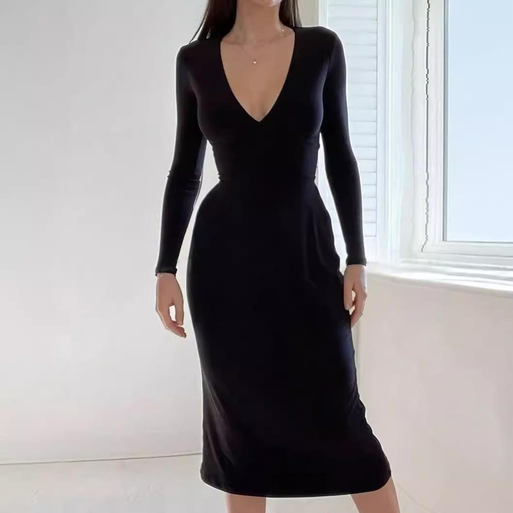 European and American Slim V-Neck Strappy Long-Sleeve Dress - Sexy Solid Color Trendy Long Skirt S чорний
European and American Slim V-Neck Strappy Long-Sleeve Dress - Sexy Solid Color Trendy Long Skirt S чорний