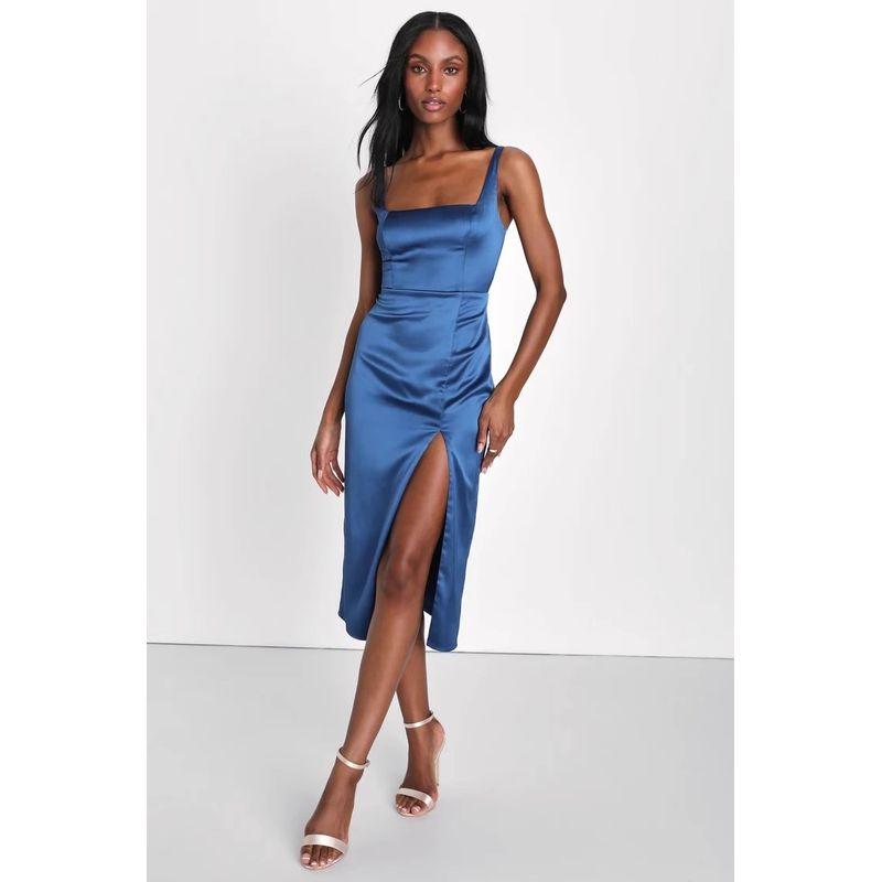 Export Single Lu s Sling Square Collar off-Shoulder Sexy Beautiful High Quality Smooth Satin Split Midi Dress Blue L
Export Single Lu s Sling Square Collar off-Shoulder Sexy Beautiful High Quality Smooth Satin Split Midi Dress Blue L