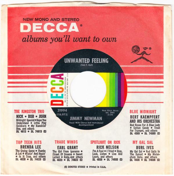 7inch Record JIMMY NEWMAN - Unwanted Feeling / Bring Your Heart 31994 DECCA US Country/Folk Used
7inch Record JIMMY NEWMAN - Unwanted Feeling / Bring Your Heart 31994 DECCA US Country/Folk Used