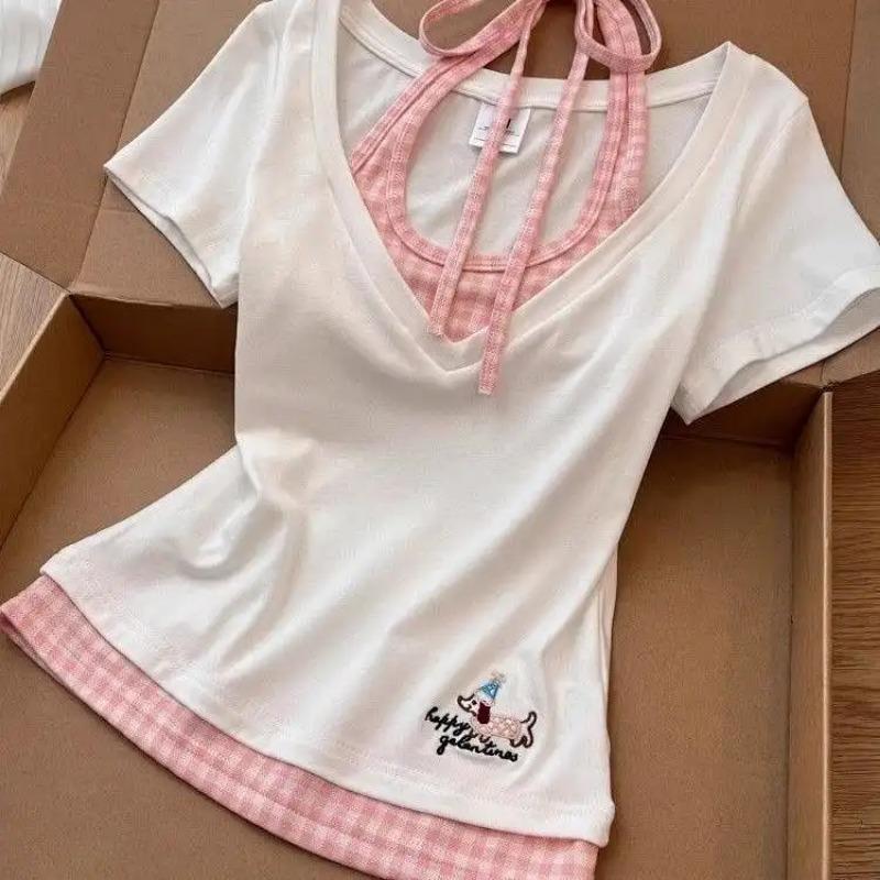 Embroidered Fake Two-piece Halterneck Short-sleeved T-shirt for Women in Summer with Niche Slim Fit and Chic Waist-cinching Short Top XL білий
Embroidered Fake Two-piece Halterneck Short-sleeved T-shirt for Women in Summer with Niche Slim Fit and Chic Waist-cinching Short Top XL білий