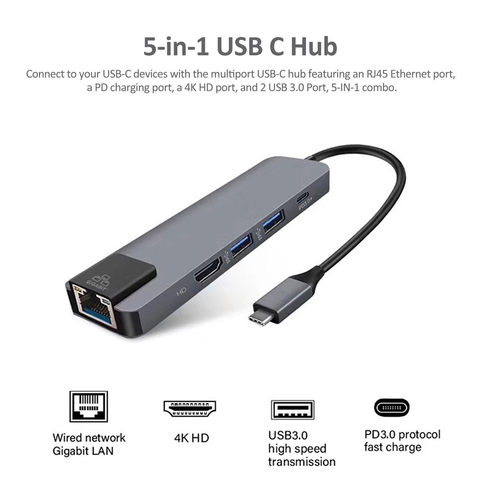 5-IN-1 USB C Hub Type-C Docking Station Multiport Adapter with 4K HD RJ45 Ethernet USB 3.0 PD Charging Port Compatible with NaMacBook MateBook ChromeB
5-IN-1 USB C Hub Type-C Docking Station Multiport Adapter with 4K HD RJ45 Ethernet USB 3.0 PD Charging Port Compatible with NaMacBook MateBook ChromeB