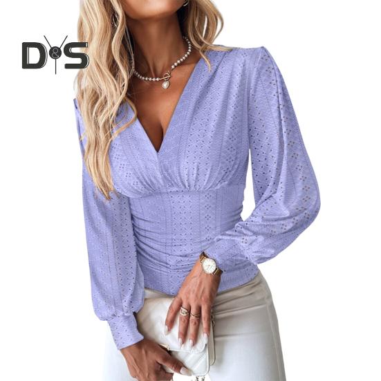 Женская рубашка с V-образным вырезом, длинным рукавом, ажурным узором, футболка, обтягивающая талия, повседневные летние топы, однотонная блузка S фиолетовый
Женская рубашка с V-образным вырезом, длинным рукавом, ажурным узором, футболка, обтягивающая талия, повседневные летние топы, однотонная блузка S фиолетовый