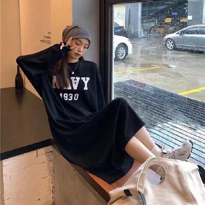 YYFS Женская мода Осень Зима Длинный рукав Круглый вырез Свободная талия Повседневные платья Size: One Size чёрный