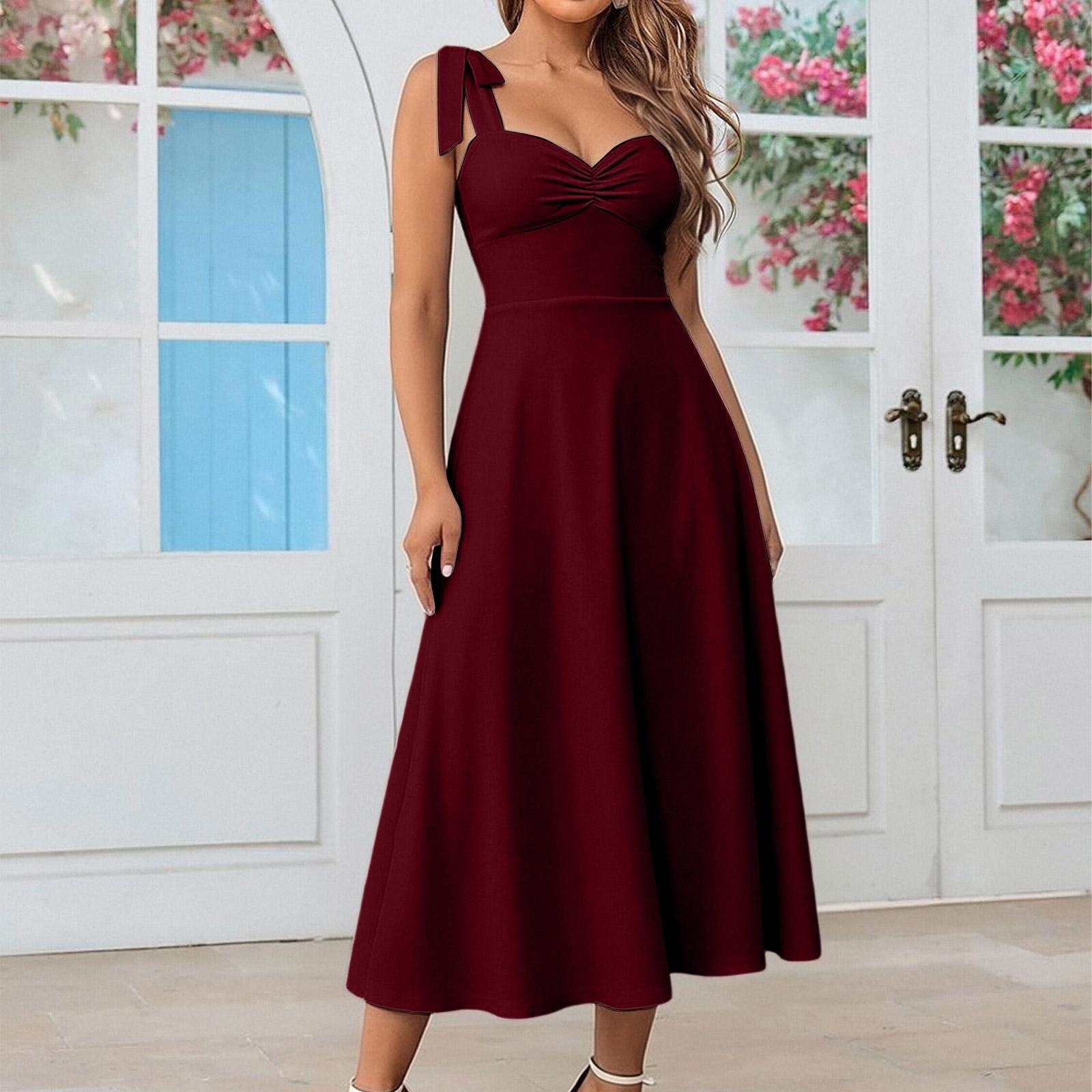 Elegant Sleeveless Strap Dress Midi Length Solid Color A-Line Fit and Flare Style with Adjustable Shoulder Ties for Women L винний
Elegant Sleeveless Strap Dress Midi Length Solid Color A-Line Fit and Flare Style with Adjustable Shoulder Ties for Women L винний