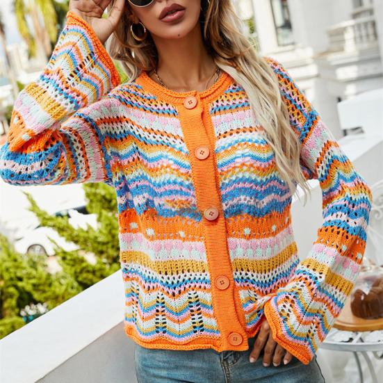 Women Knitting Cardigan Round Neck Flared Long Sleeve Single Breasted Sweater Coat Autumn Winter Rainbow Striped Sweater S помаранчевий
Women Knitting Cardigan Round Neck Flared Long Sleeve Single Breasted Sweater Coat Autumn Winter Rainbow Striped Sweater S помаранчевий