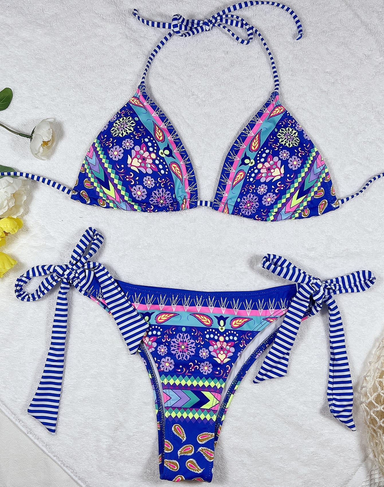 Сексуальный женский купальник с принтом, треугольная сумка, бикини с завязками по бокам, пляжная одежда, купальные костюмы L синий