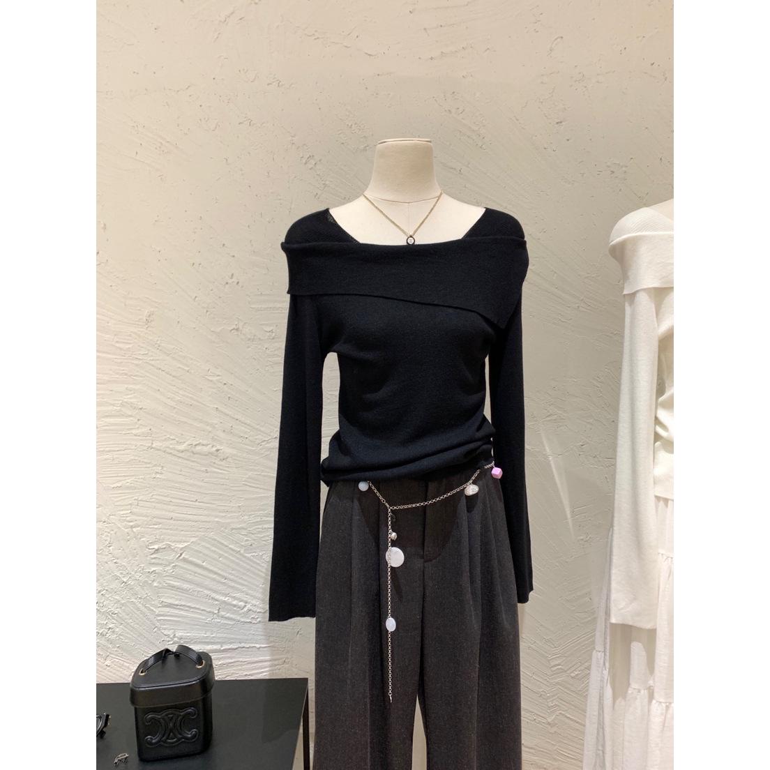 Женский вязаный свитер в французском стиле на одно плечо с длинным рукавом для осени Small чёрный