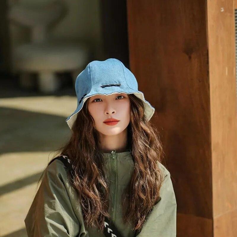 Японская солнцезащитная панама-ведро женская сезон: весна-лето двусторонняя рыбацкая шляпа с завязками на шнурке женская дорожная пляжная панама от солнца 56-58cm светло-синий