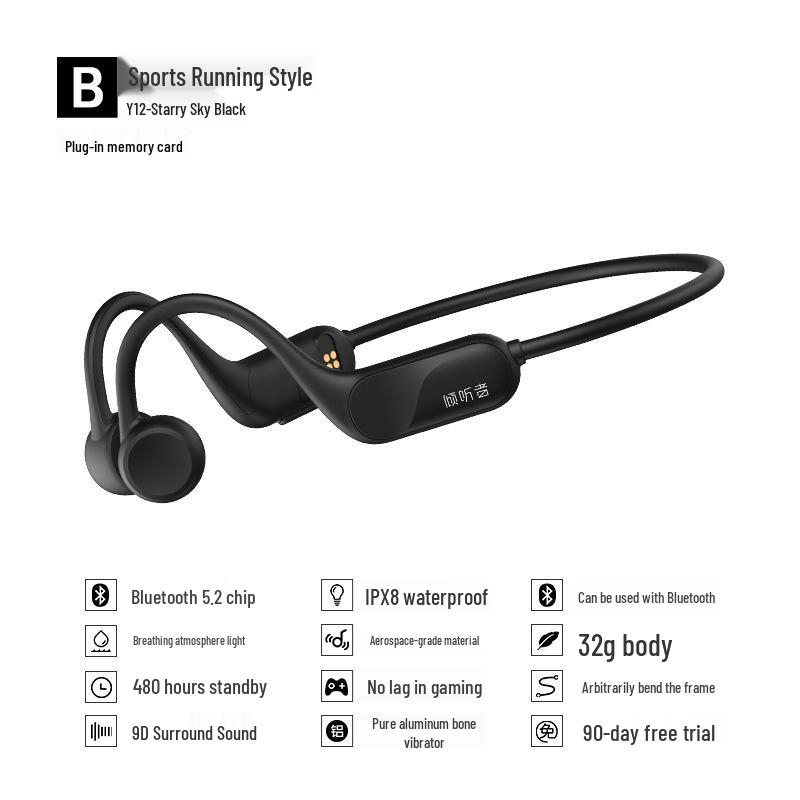 Y12 Bone Conduction Bluetooth Earphones: Waterproof, Non-In-Ear, with Card Slot for Sports, Swimming, and Running. Bluetooth Only чорний
Y12 Bone Conduction Bluetooth Earphones: Waterproof, Non-In-Ear, with Card Slot for Sports, Swimming, and Running. Bluetooth Only чорний