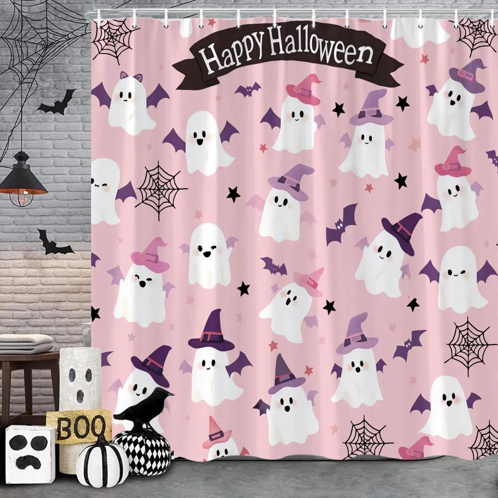 Розовая Милая Хэллоуинская Занавеска для Душа Привидение Тыква Летучая Мышь Череп Полиэстеровая Ткань Детская Занавеска для Душа Декор для Ванной Комнаты Девочек Крючки на Ремнях 90x180cm35x71in