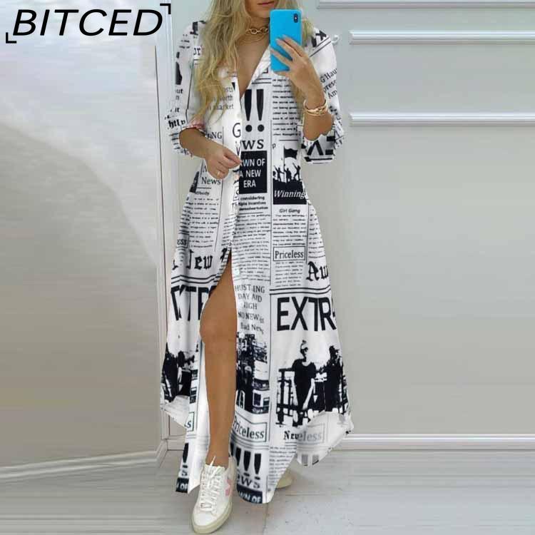 BITCED Весна Осень Женское Платье-рубашка с принтом «Темперамент» Однобортное Открытое Платье-рубашка Повседневное Длинное Платье XXXXXL