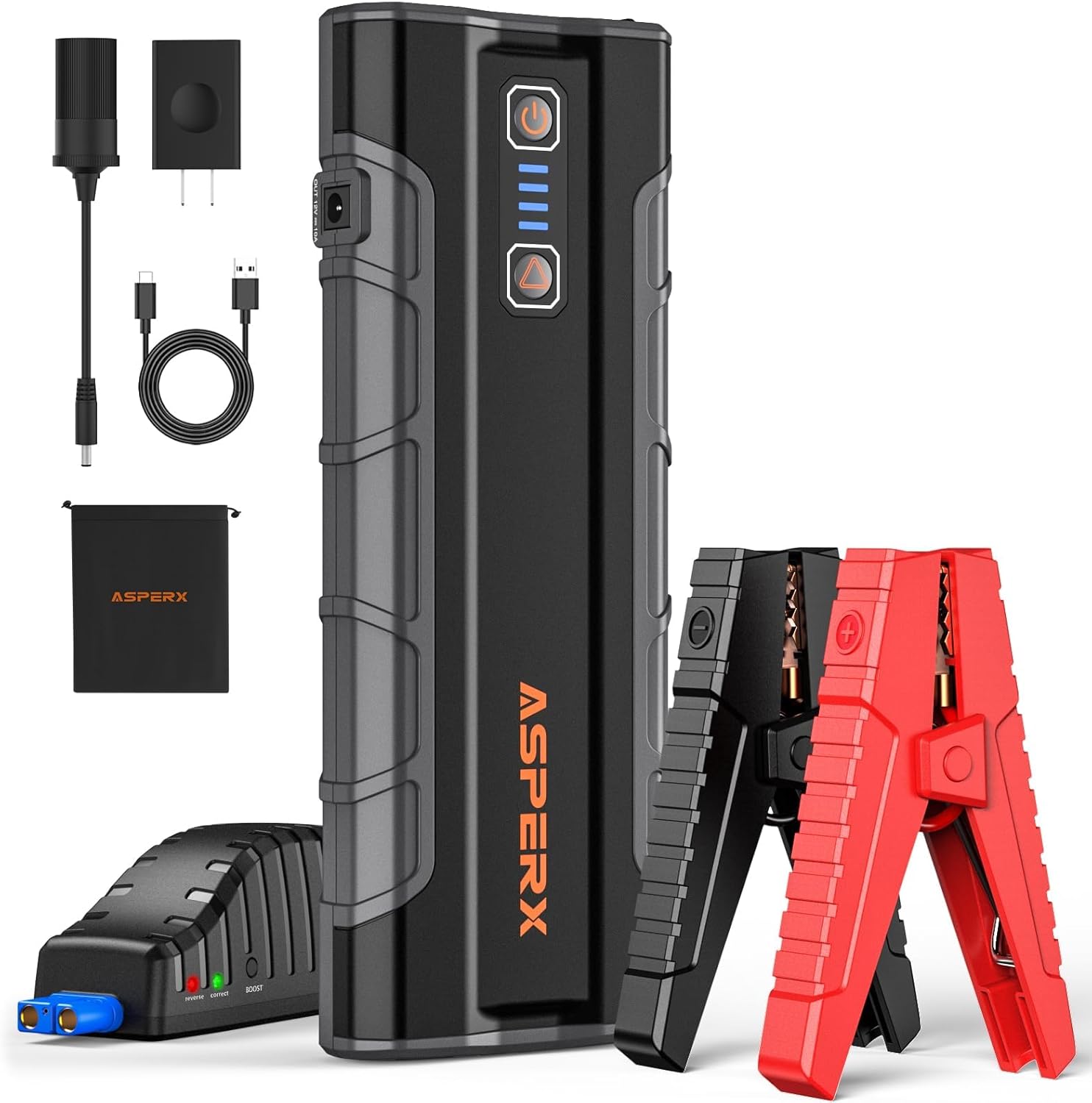 AX4500 Jump Starter, 4500A Peak, 12V Lithium Battery Booster with 4 LCD & LED Light
AX4500 Jump Starter, 4500A Peak, 12V Lithium Battery Booster with 4 LCD & LED Light