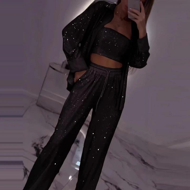 Sexy Sequins Shiny Three Piece Set Womens Strapless Tube Top & Lapel Shirt Coat & Lae-up Pants Outfits Spring Autumn Hollow Suit 5XL чорний
Sexy Sequins Shiny Three Piece Set Womens Strapless Tube Top & Lapel Shirt Coat & Lae-up Pants Outfits Spring Autumn Hollow Suit 5XL чорний